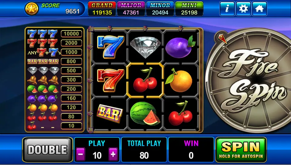 Fire Spin 3x3 grid with blue and red sevens, a diamond, a plum, cherries, an orange, a BAR and a watermelon, a pay list on the left and a Fire Spin wheel on the right