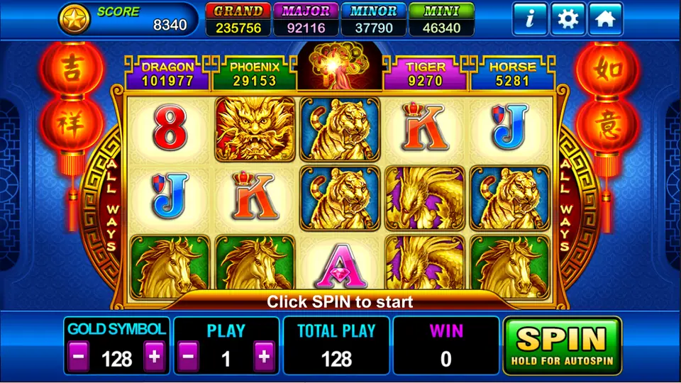 Fortune Tree reels with gold dragon, tiger, phoenix and horse symbols, card letters and an 8, Dragon, Phoenix, Tiger and Horse counters above, All Ways, gold symbol 128