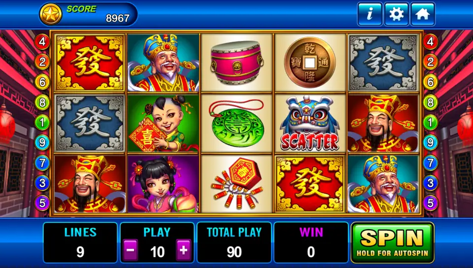 God of Wealth reels with red and blue Fa tiles, two smiling wealth gods, a boy with a red scroll, a girl in pink, a drum, a jade pendant, firecrackers, an old coin and a lion dance SCATTER