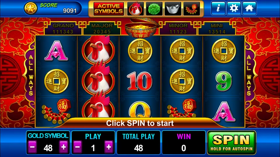 Golden Rooster reels with three white roosters stacked on reel 2, gold coins, firecrackers and card letters, Grand, Major, Minor and Mini counters, All Ways, gold symbol 48