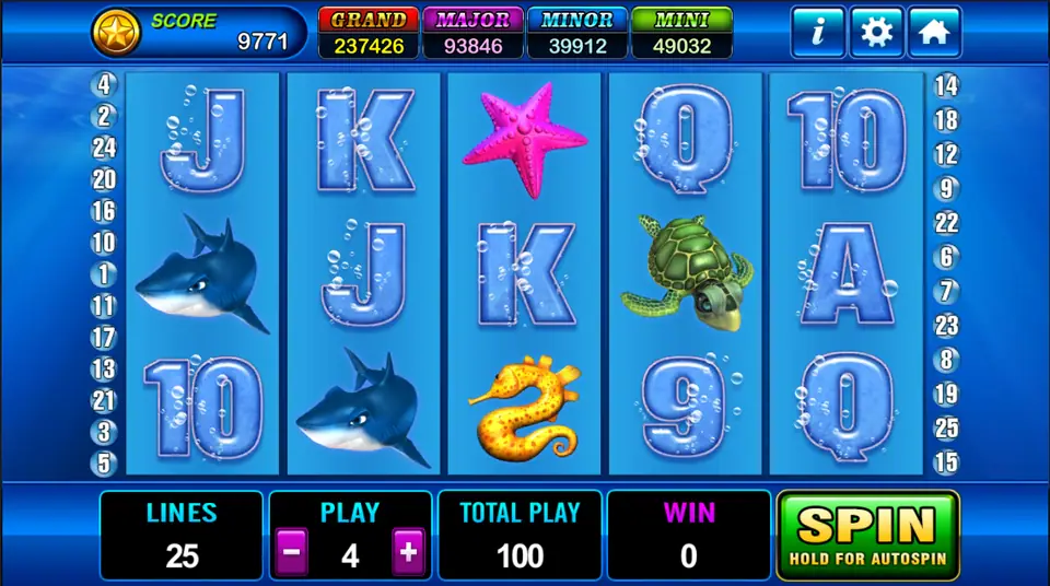 Grand Blue reels with pale blue J, K, Q and 10 letters, two sharks, a pink starfish, a turtle and an orange seahorse, 25 lines at 4