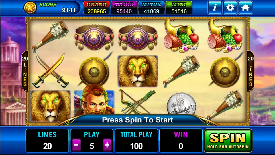 Hercules reels with spiked clubs, jewelled belts, horns of plenty, crossed swords, round shields, two lions, the hero, a bow and a Pegasus coin, 20 lines at 5
