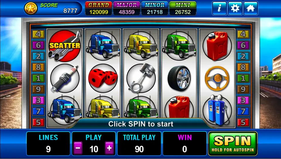 Highroad Kings JP reels with an exhaust pipe SCATTER, blue, yellow and green trucks, a spark plug, red dice, a piston, a tyre, a jerry can, a steering wheel and fuel pumps, 9 lines at 10