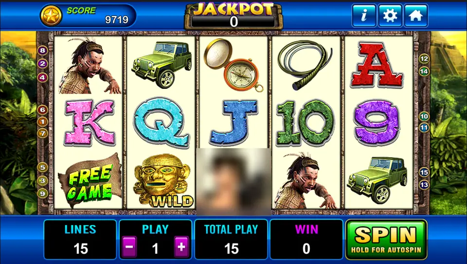 Laura reels in a jungle temple frame with a tribal warrior, a green jeep, a compass, a whip, card letters, a FREE GAME sign and a golden idol WILD, 15 lines at 1