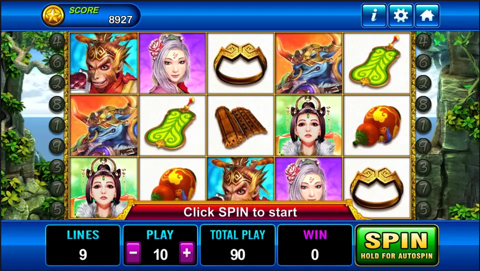 Monkey King reels with the Monkey King in a gold crown, a horned blue demon, a lady with a flower in white hair, a lady in a jewelled headdress, a golden headband, a green gourd, a red gourd and bamboo scrolls