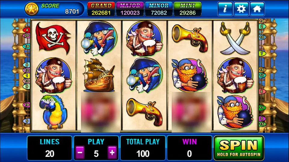 Pirate reels on parchment with a skull flag, cartoon pirates holding a telescope, a tankard and a bomb, a galleon, a flintlock pistol, crossed cutlasses and a parrot, 20 lines at 5, two tiles blurred