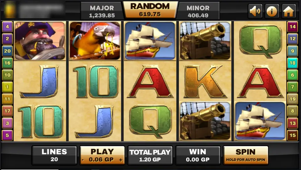 Captain's Treasure Pro reels with the bearded captain, a parrot, a galleon and a ship's cannon above card letters, 20 lines at 0.06 a line