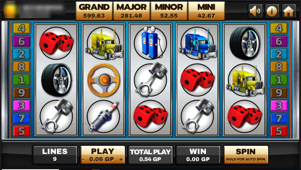 Highway Kings JP reels with red dice, yellow and blue trucks, fuel pumps, pistons, tyres and a steering wheel under Grand, Major, Minor and Mini boxes