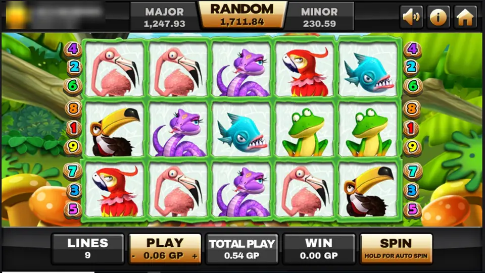 Jungle Island reels with pink flamingos, a purple snake, a red parrot, a blue piranha, green frogs and toucans, 9 lines at 0.06