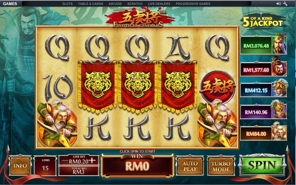 Five Tiger Generals slot with red tiger banners across reels 2 to 4, a round logo coin on reel 5 and five general portraits with jackpot meters from RM84 to RM3,076