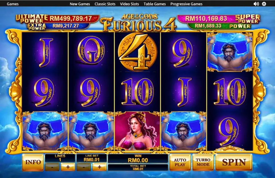 Furious 4 reels with Atlas on reels 1, 2, 4 and 5, a gold 4 coin at the top of reel 3 and Pandora at the bottom of reel 3