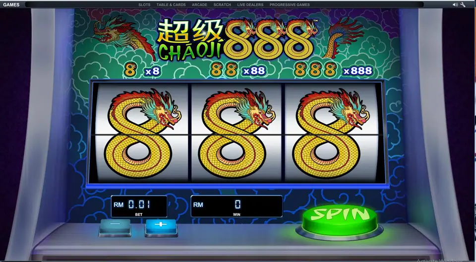 Chao Ji 888 with three dragon 8s on the reels, the x8, x88 and x888 pay sign above and a bet of RM0.01