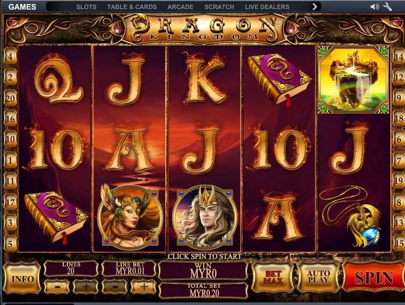 Dragon Kingdom reels with a floating castle on reel 5, spell books, a warrior woman and a warrior man on the bottom row, 20 lines at MYR0.01