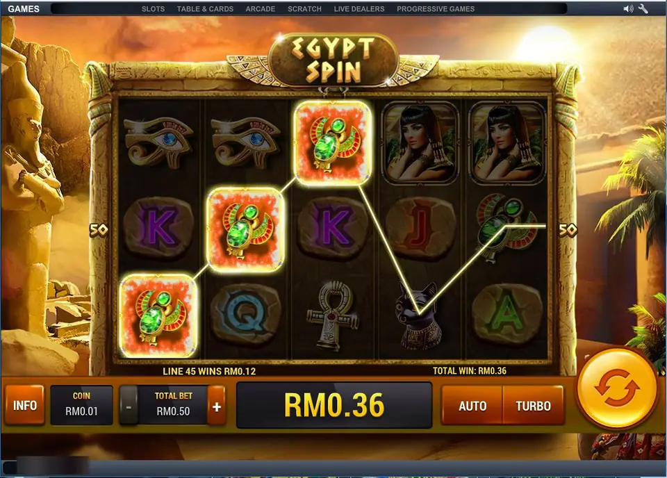 Egypt Spin with three green scarabs winning on line 45 for RM0.12, a queen, the Eye of Horus, an ankh and a black cat on stone reels, total bet RM0.50
