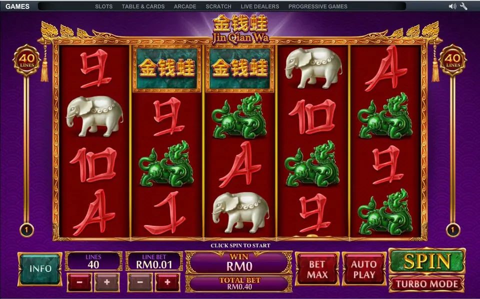 Jin Qian Wa reels with two money frog logo tiles on reels 2 and 3, jade qilin, white elephants and red brush-stroke card letters, 40 lines at RM0.01