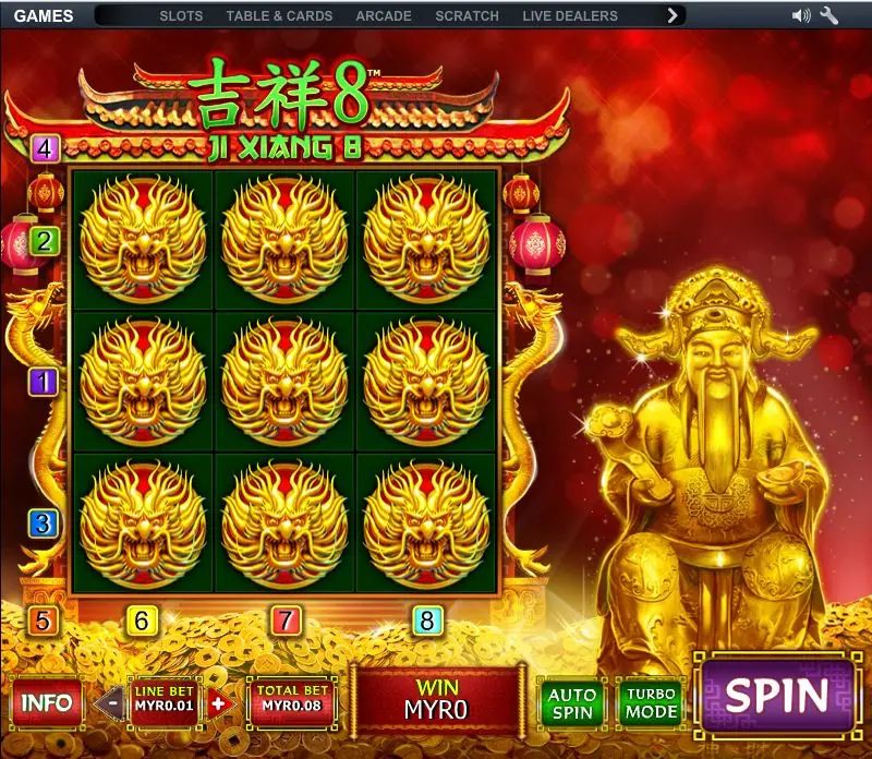 Ji Xiang 8 with nine golden dragon heads filling the whole 3x3 grid, line bet MYR0.01 and total MYR0.08