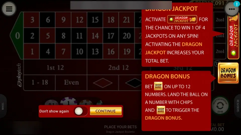 Dragon Jackpot rules pop-up over the roulette table, explaining the Dragon Jackpot switch and the Dragon Bonus chip