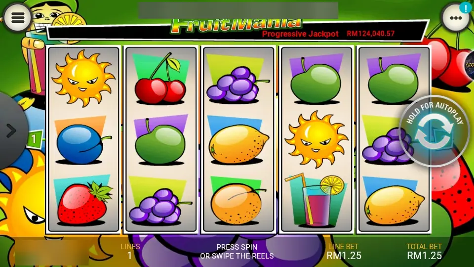 Fruit Mania reels in the LPE88 phone app with a grinning sun, cherries, plum, strawberry, apples, grapes and a cocktail, line bet RM1.25