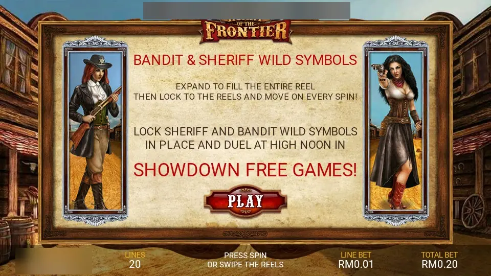 Heart of the Frontier intro screen in LPE88 with the sheriff holding a rifle and the bandit holding a pistol, explaining the Bandit and Sheriff wilds and Showdown Free Games