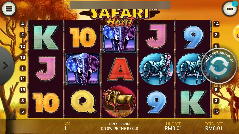 Safari Heat reels in the LPE88 phone app with two elephants, two zebras and a wildebeest, line tags 1 to 15 on both sides, one line at RM0.01