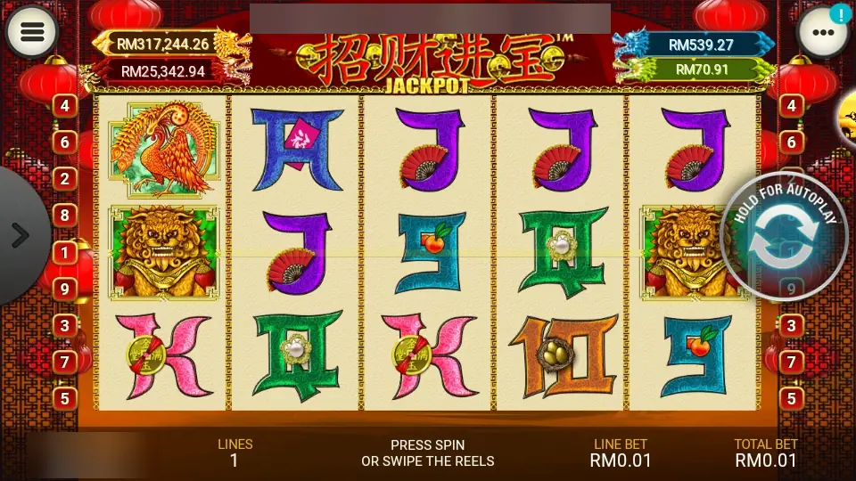 Zhao Cai Jin Bao Jackpot reels in the LPE88 phone app with a phoenix, two guardian lions and decorated card symbols, four jackpot boxes above, one line at RM0.01