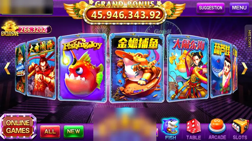 Pussy888 lobby showing a carousel of fishing games including Fishing Joy under a Grand Bonus counter, with Fish, Table, Arcade and Slots tabs