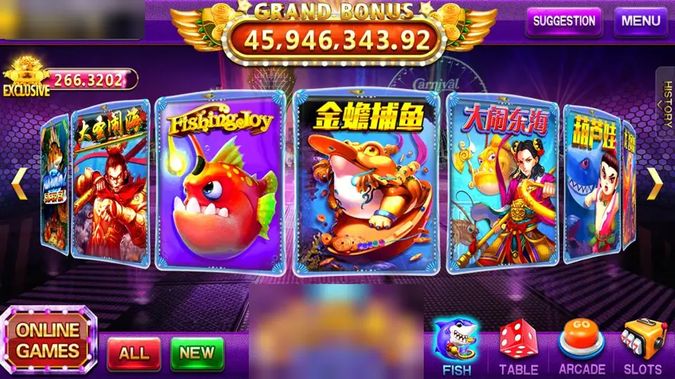Pussy888 lobby with a Grand Bonus counter, Fishing Joy and other fishing game cards, and Fish, Table, Arcade and Slots buttons along the bottom