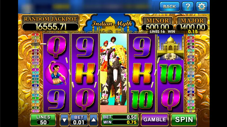 Indian Myth spin with the elephant wild covering reel 3, 0.01 a line, win 0.75