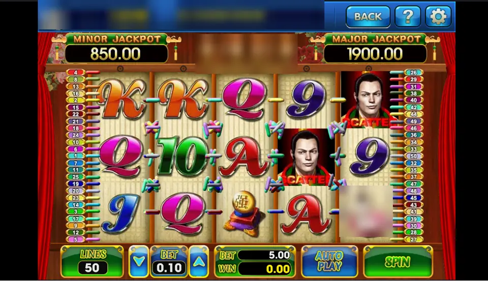 Jin Lian Xing Ye spin on 3Win8 with two scatter portraits on reels 4 and 5, 50 lines at 0.10, logo blurred
