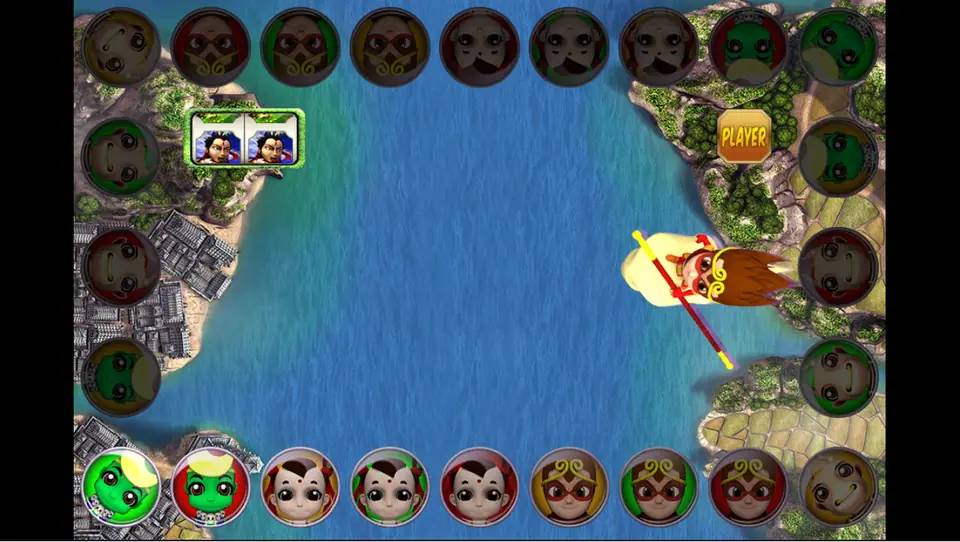 Jue Zhan Tian Xia ring with character tokens round a lake and the monkey hero flying on his staff