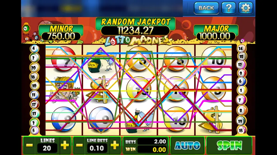 Lotto Madness on 3Win8 with all 20 paylines drawn over lottery balls, 20 lines at 0.10 and a 2.00 bet