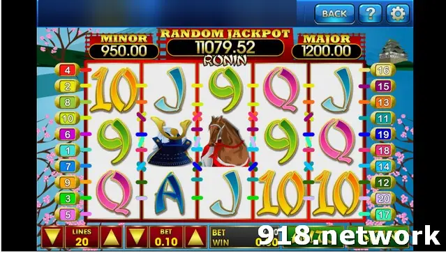 Ronin on 3Win8 with a samurai helmet and a war horse on the reels, Minor, Random Jackpot and Major boxes above, 20 lines at 0.10