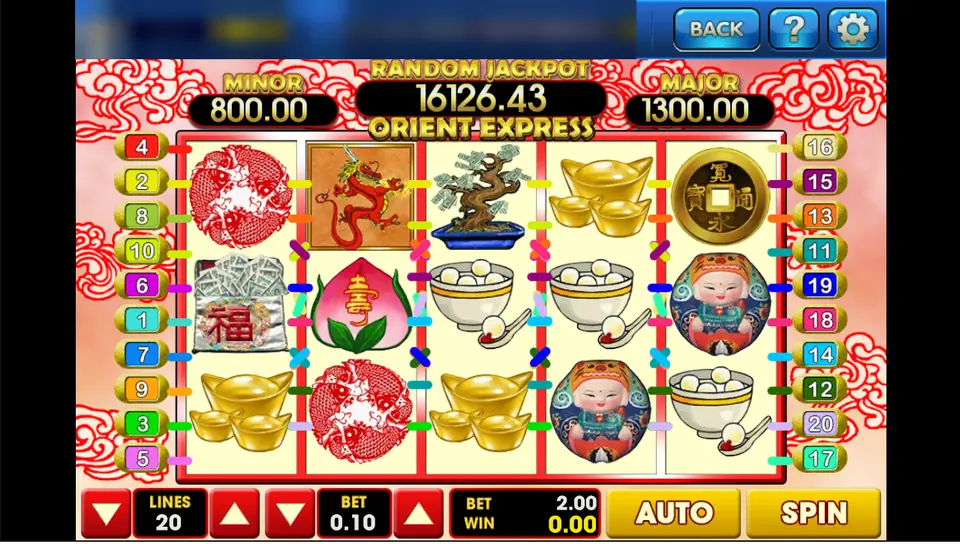 Orient Express on 3Win8 with gold ingots, a money tree, a dragon scatter and a lucky doll on the reels, 20 lines at 0.10