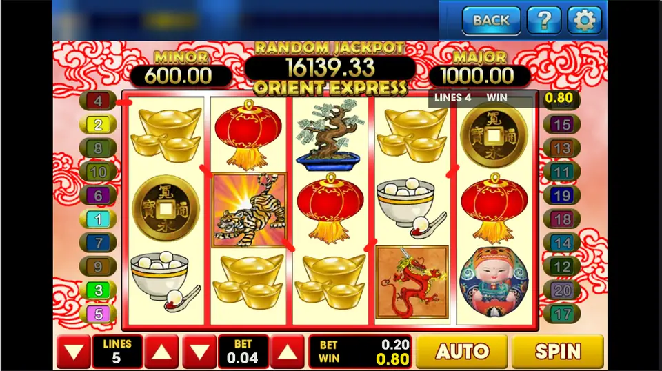 Orient Express spin with 5 lines at 0.04, a tiger wild on reel 2 and a 0.80 win on line 4