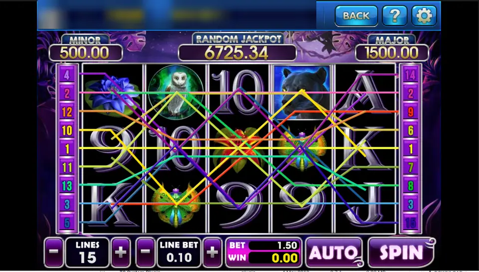 Panther Moon on 3Win8 with 15 paylines drawn over an owl, a panther wild and jungle flowers, 15 lines at 0.10