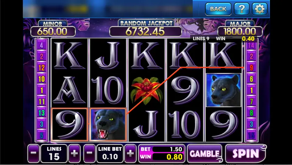 Panther Moon spin on 3Win8 with two panther wilds and a 0.80 win, 15 lines at 0.10