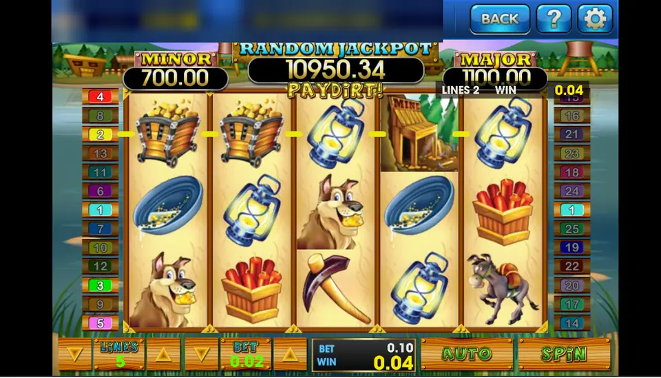 Pay Dirt spin with 5 lines at 0.02, mine carts, lanterns and a mine shack on the reels, win 0.04