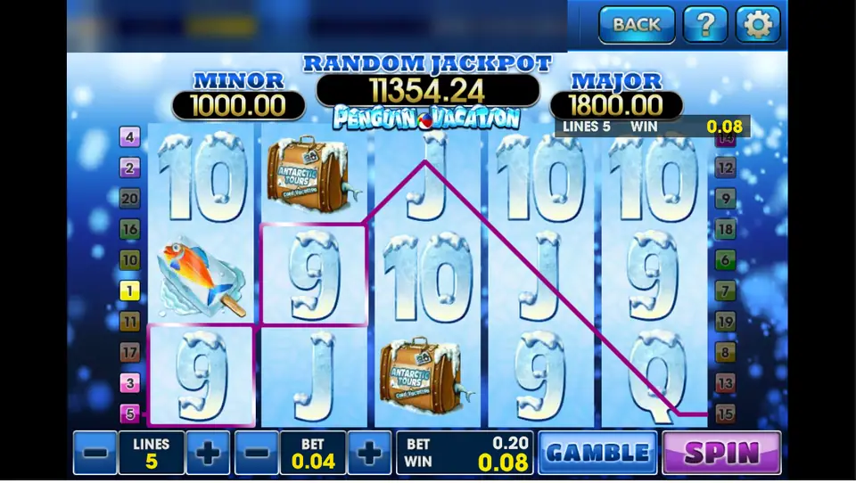 Penguin Vacation spin on 3Win8 with 5 lines at 0.04 and a 0.08 win on line 5