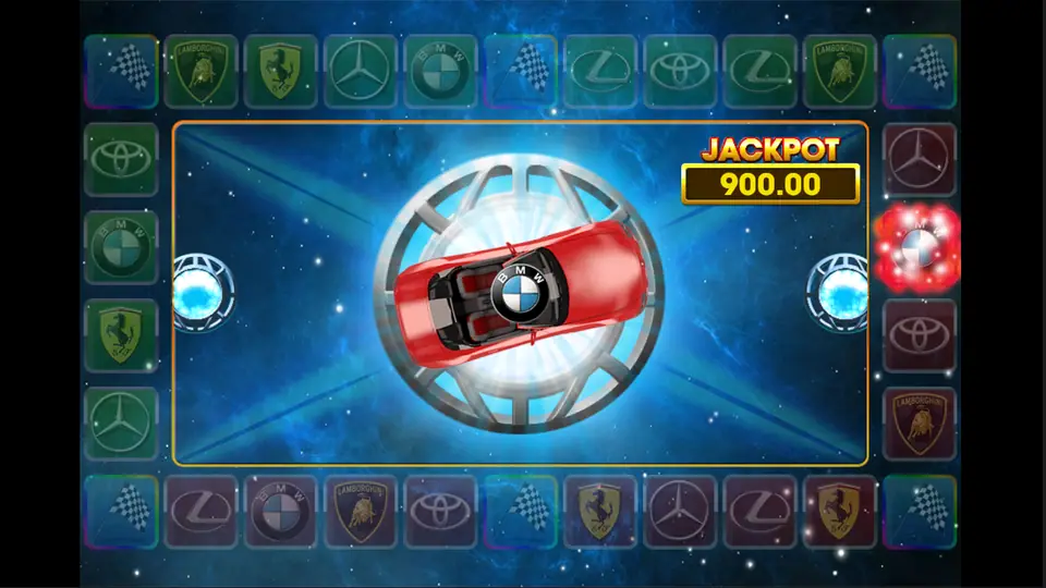 Racing Cars ring on 3Win8 with a red sports car inside a globe and a 900.00 jackpot box