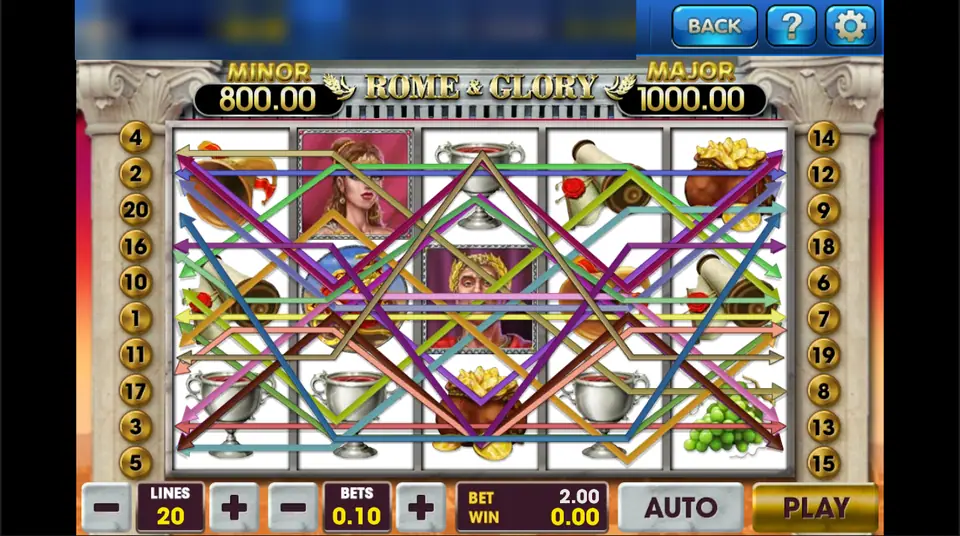Rome & Glory on 3Win8 with 20 paylines drawn over cups, scrolls, Caesar and gold pouches between marble columns