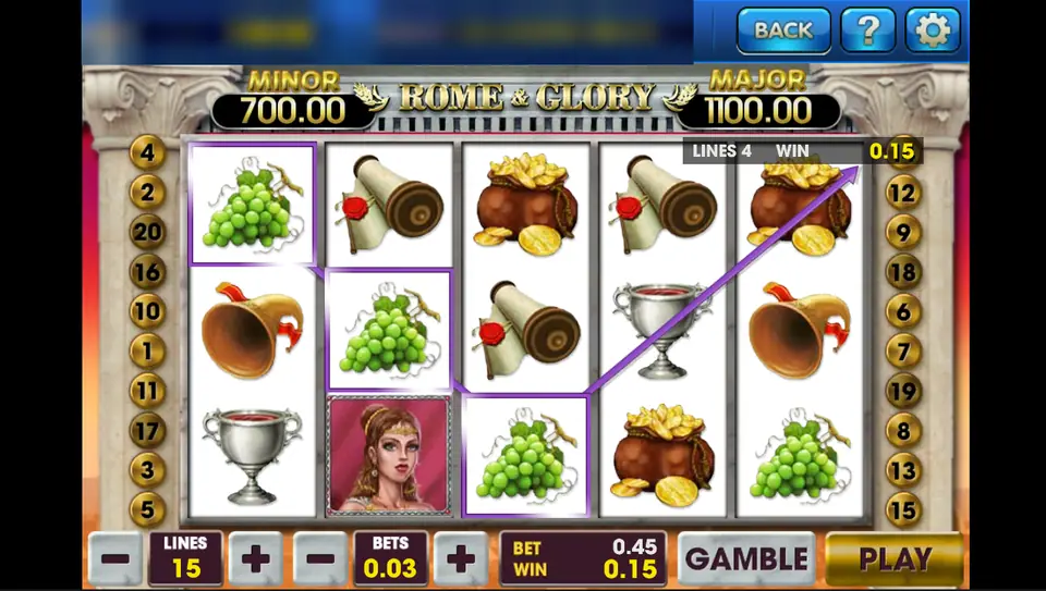 Rome & Glory spin with 15 lines at 0.03 and three bunches of grapes paying 0.15 on line 4