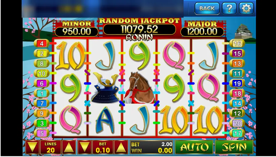 Ronin on 3Win8 with samurai armour, a horse and card letters on white reels under cherry blossom, 20 lines at 0.10