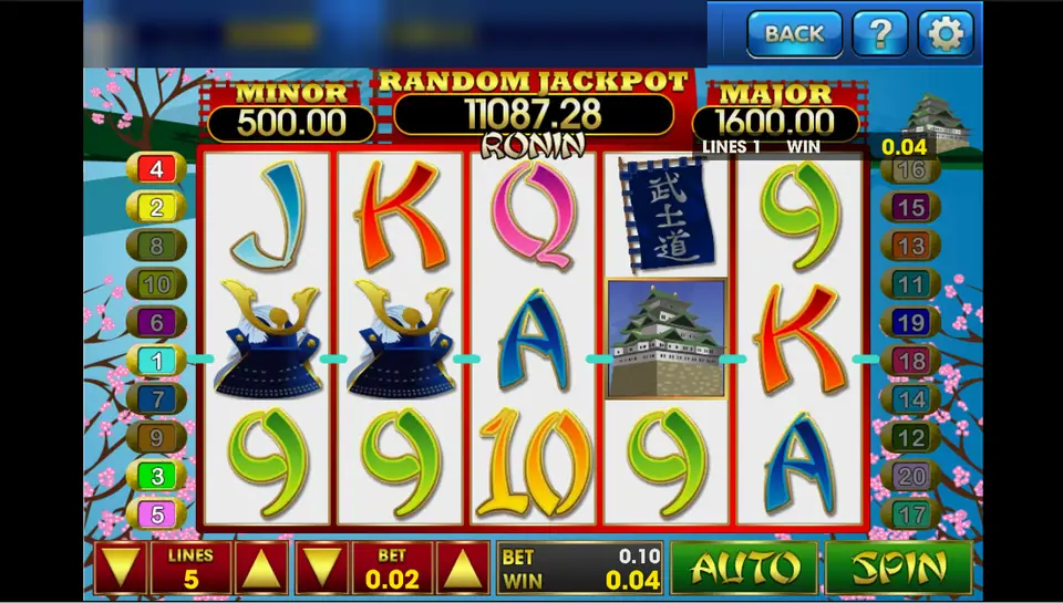 Ronin spin on 3Win8 with two sets of samurai armour on line 1, 5 lines at 0.02, win 0.04
