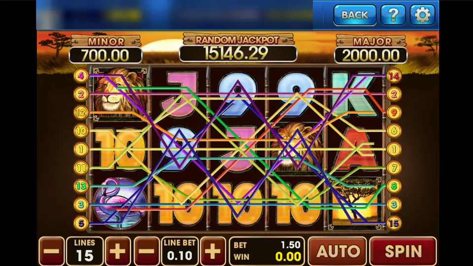 Safari Heat on 3Win8 with 15 paylines over a lion, a flamingo and a sunset scatter on the reels, 15 lines at 0.10