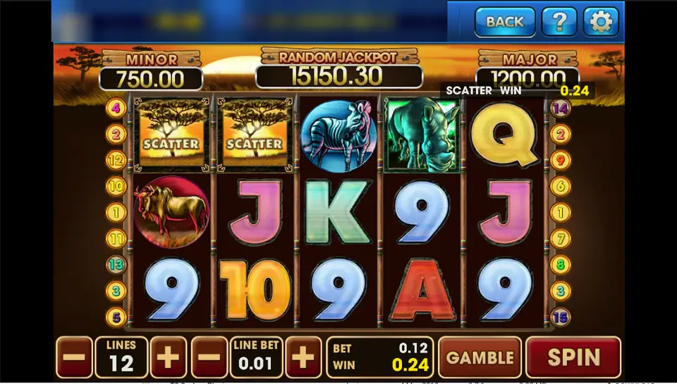 Safari Heat spin on 3Win8 with two sunset scatters on the first two reels paying 0.24, 12 lines at 0.01