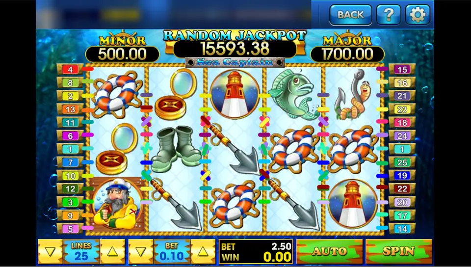 Sea Captain on 3Win8 with lifebuoys, a compass, boots, a harpoon and the captain scatter on the reels, 25 lines at 0.10