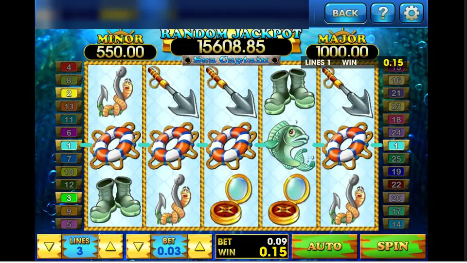 Sea Captain spin on 3Win8 with lifebuoys on line 1, 3 lines at 0.03 and a 0.15 win