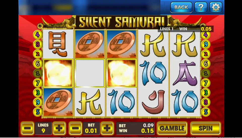 Silent Samurai spin on 3Win8 with coins on the reels, 9 lines at 0.01 and a 0.15 win