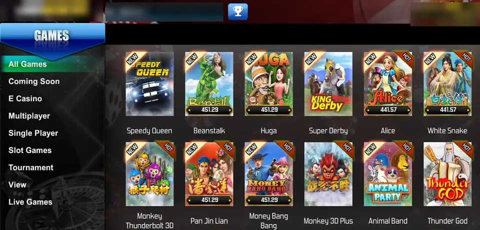 Joker123 lobby with the Games menu on the left and tiles for Speedy Queen, Beanstalk, Huga, Super Derby, White Snake and Thunder God