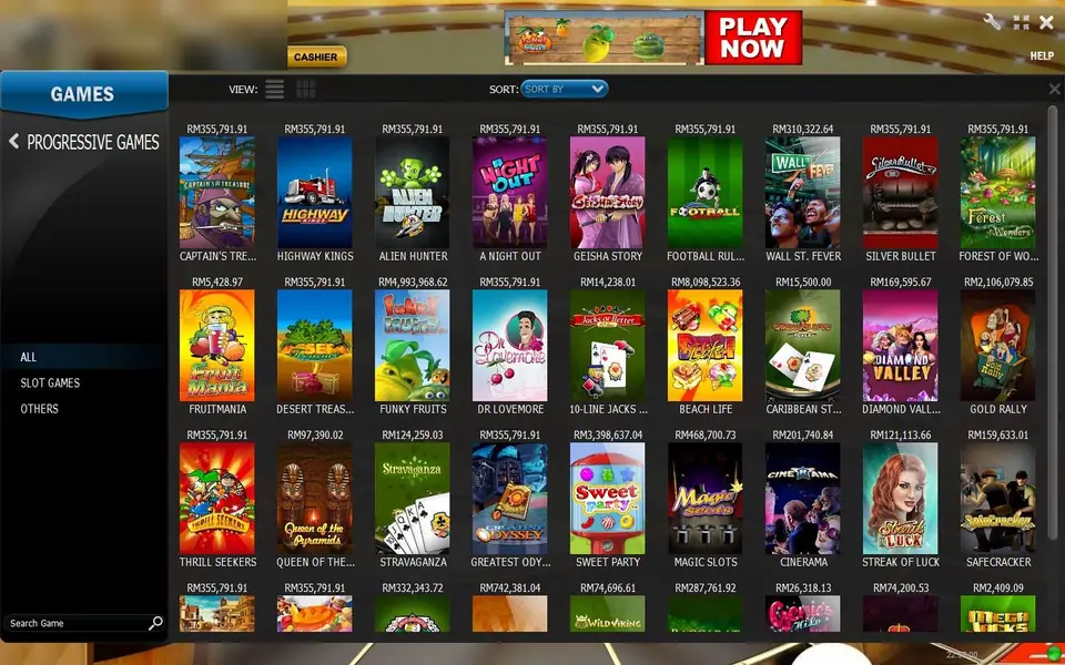 LPE88 Lucky Palace lobby on the Progressive Games tab, a grid of slot tiles each with a ringgit jackpot figure above it